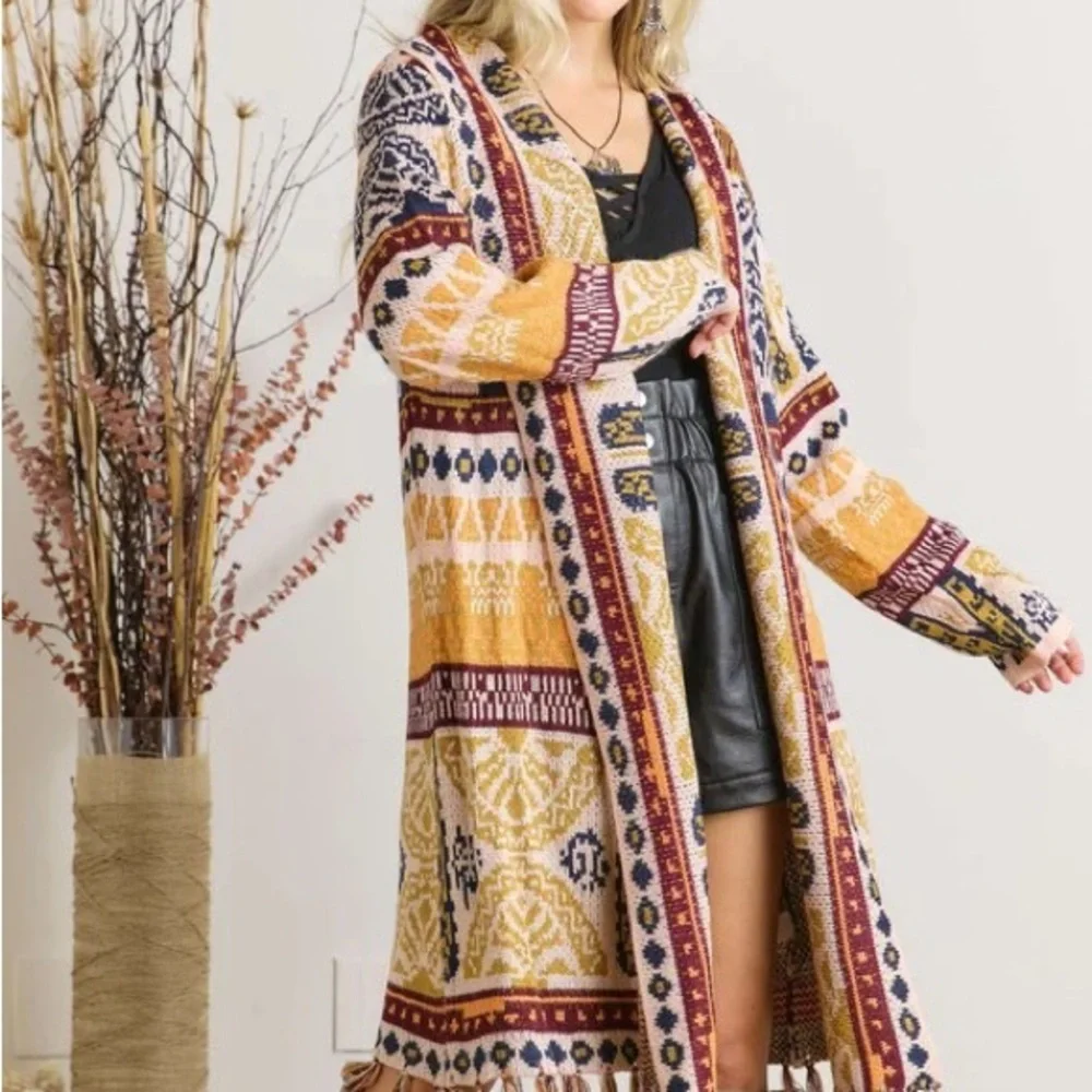 ADORA Tribal Pattern Cardigan with Fringe in Mauve Mix - Picture 3 of 5